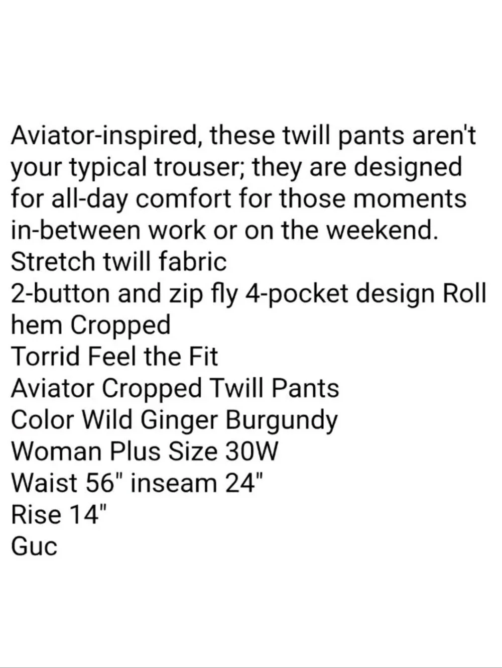 Torrid Aviator Cropped Trouser Pants Plus 30W 56/24